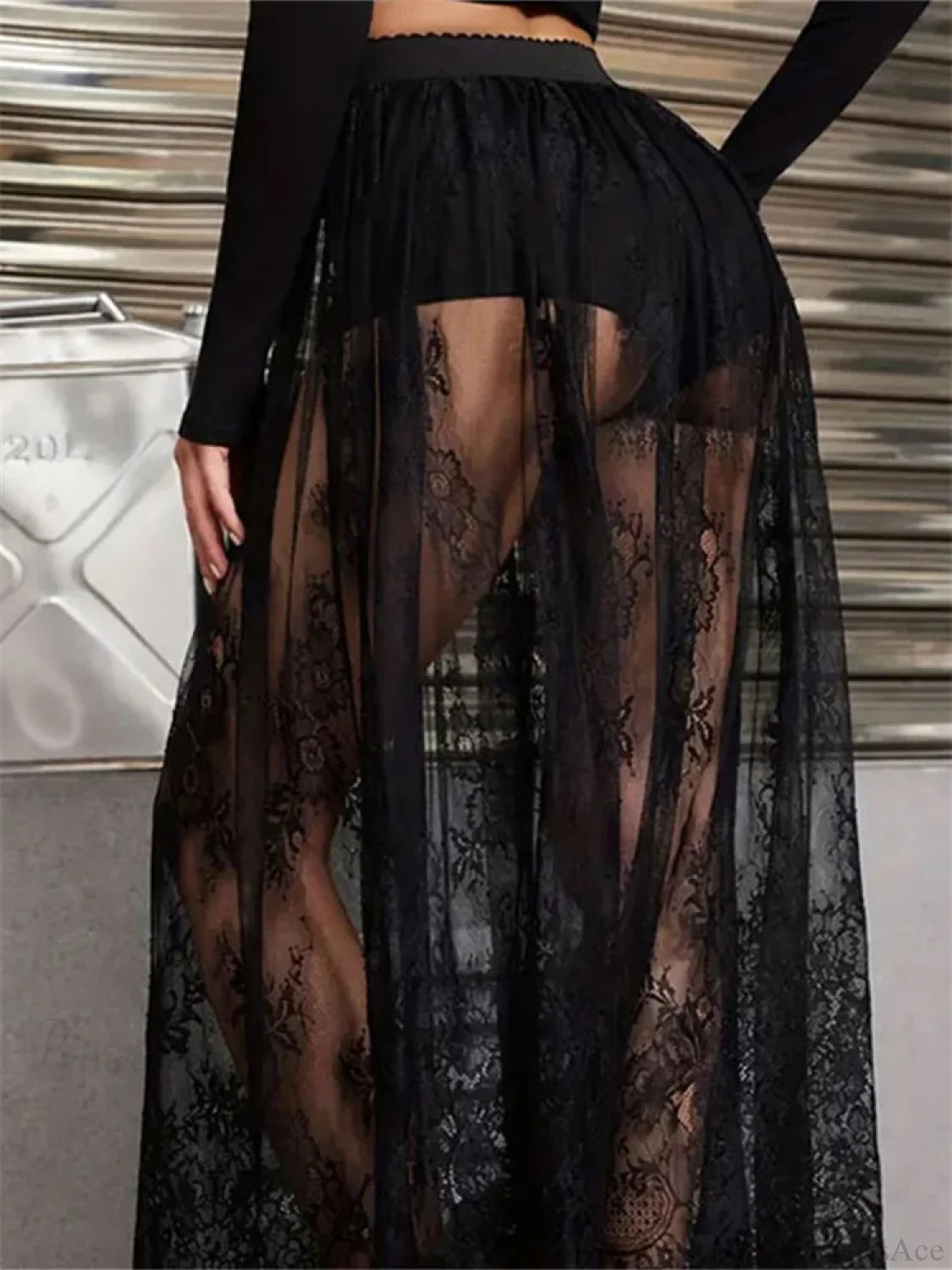 Lace Floral Long Maxi Skirt Solid Mesh Built-in Shorts Skirt skirt-250126