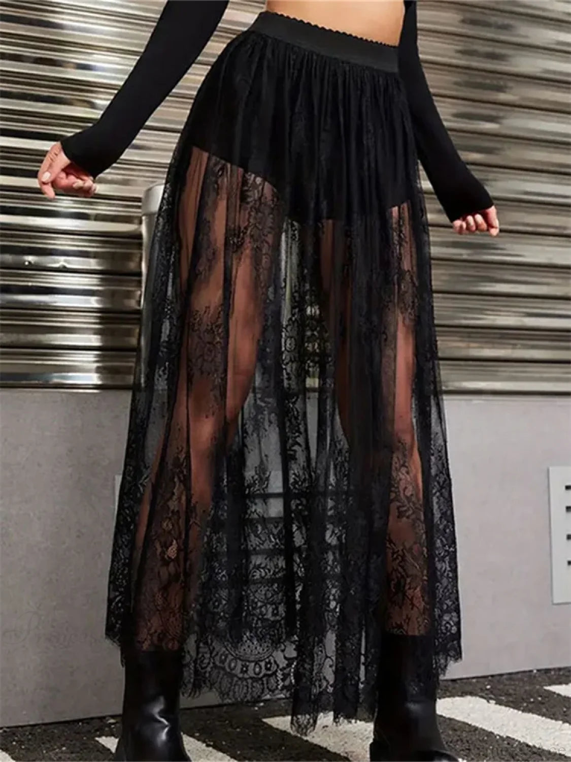 Lace Floral Long Maxi Skirt Solid Mesh Built-in Shorts Skirt BLACK / S skirt-250126