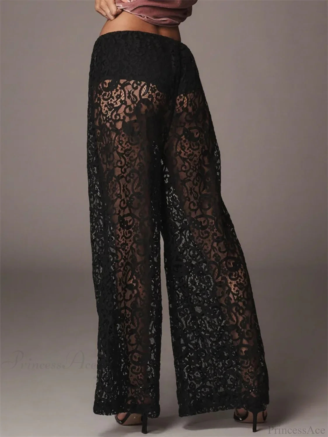 Lace Floral Mesh See-Through Black Wide Leg Pant pant-250223
