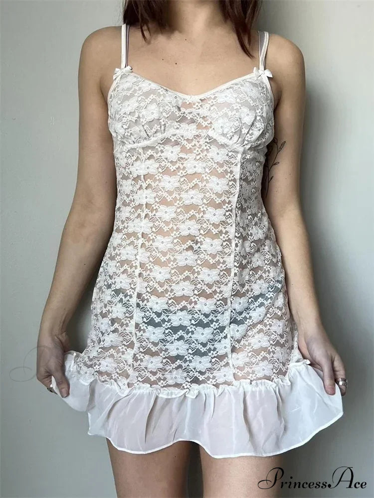 Lace Floral Mesh See Through Sling Summer Mini Dress