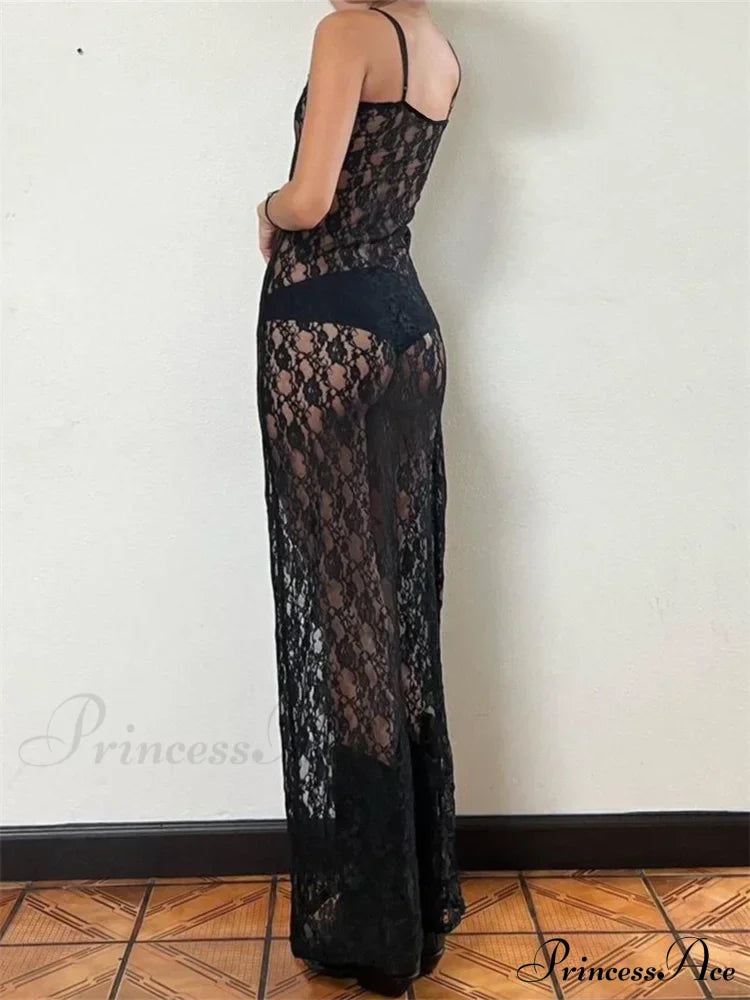 Lace Floral Mesh See Through Summer Beach Cover Ups Women Sleeveless Strap Solid Slim Vestidos