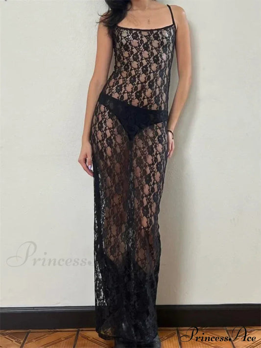 Lace Floral Mesh See Through Summer Beach Cover Ups Women Sleeveless Strap Solid Slim Vestidos