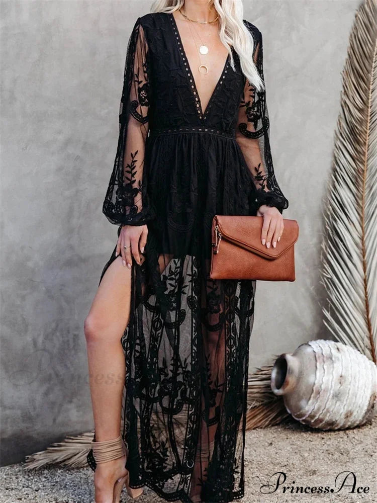 Lace Floral Mesh See Through Summer Deep V-Neck Lantern Sleeve Beach Female Vestidos