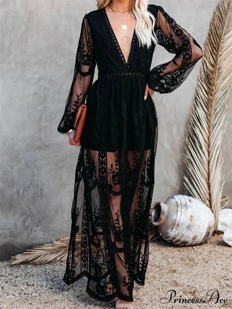 Lace Floral Mesh See Through Summer Deep V-Neck Lantern Sleeve Beach Female Vestidos