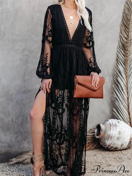 Lace Floral Mesh See Through Summer Deep V-Neck Lantern Sleeve Beach Female Vestidos Black / S