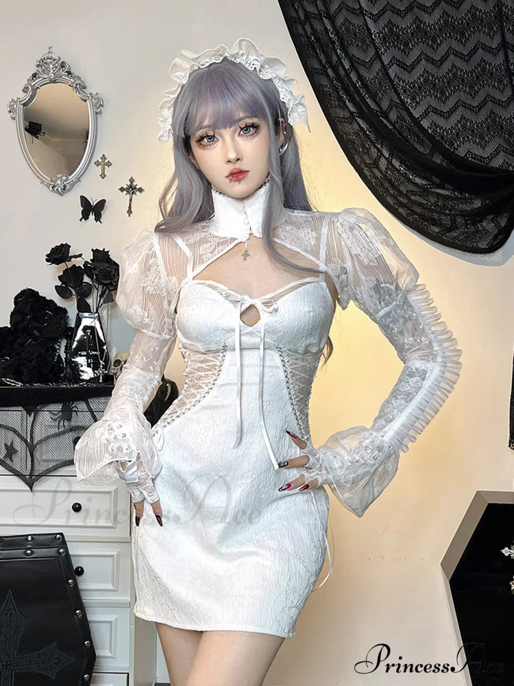 Lace Gothic Retro Mesh Flare Sleeve Witchy Bodycon Goth Cocktail Vintage Dress Halloween