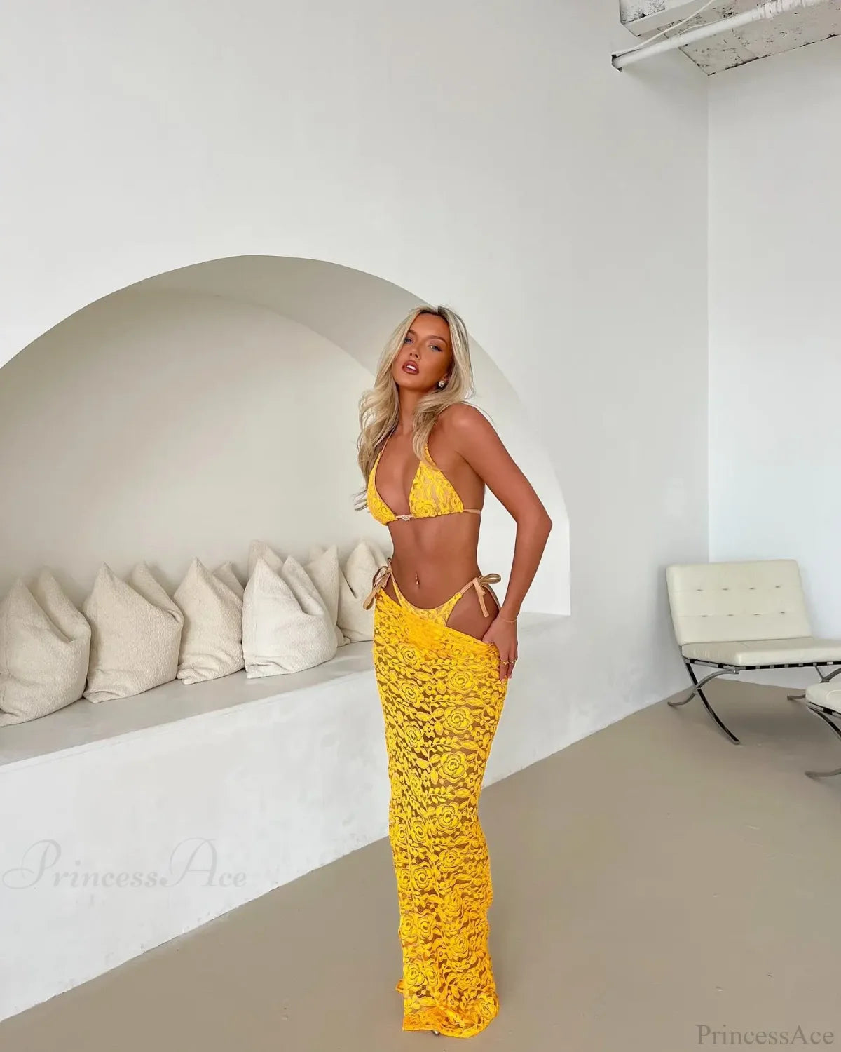 Lace Halter Skirt Three Piece Swimsuit