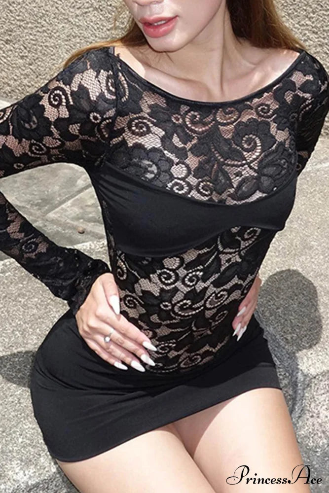 Lace Hollow Out Long Sleeve Pack Hip Dress Black / L Mini Dresses