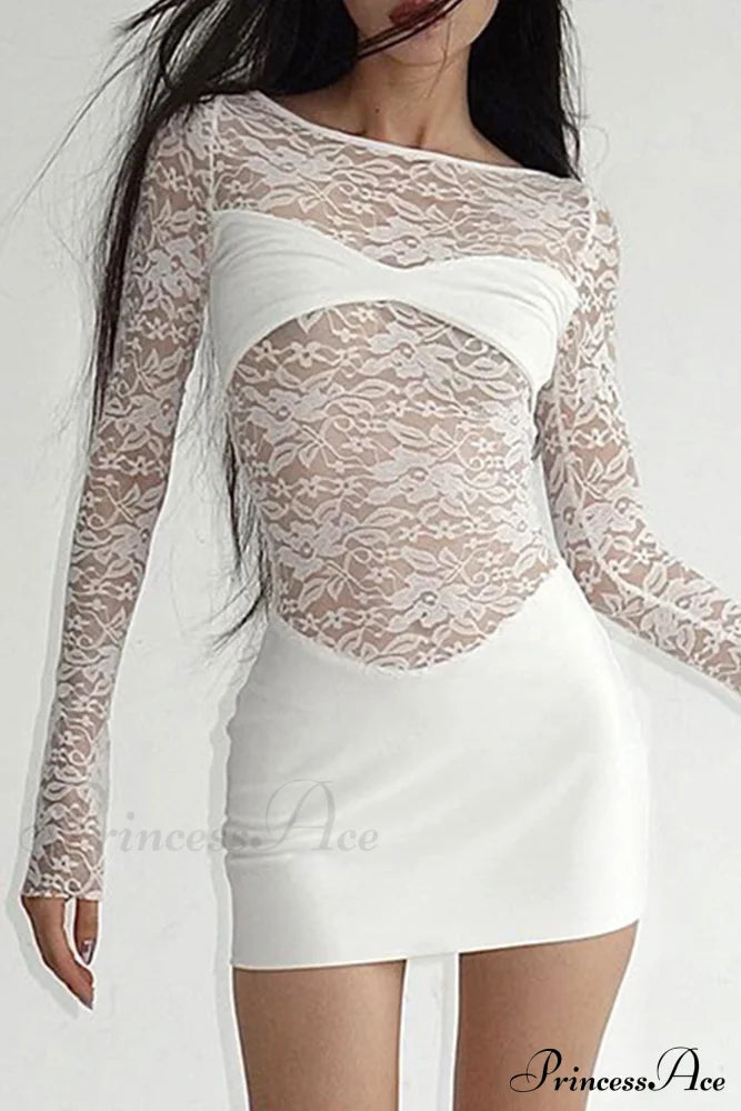 Lace Hollow Out Long Sleeve Pack Hip Dress White / M Mini Dresses