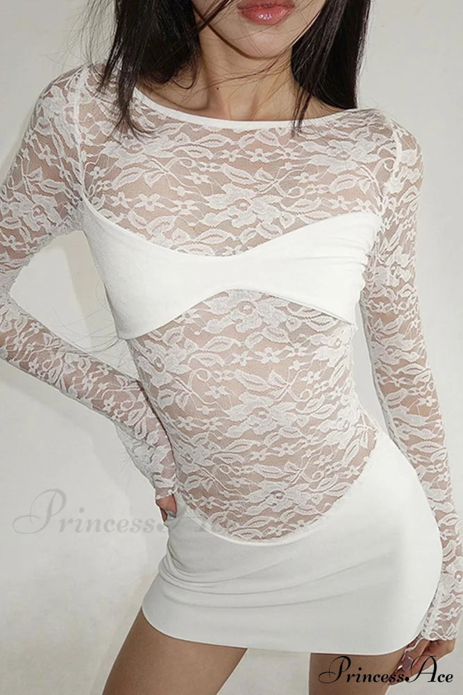 Lace Hollow Out Long Sleeve Pack Hip Dress White / S Mini Dresses