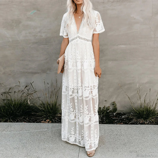 Lace Maxi Dress Vintage White Deep V-neck Summer Dress bohodress-250126