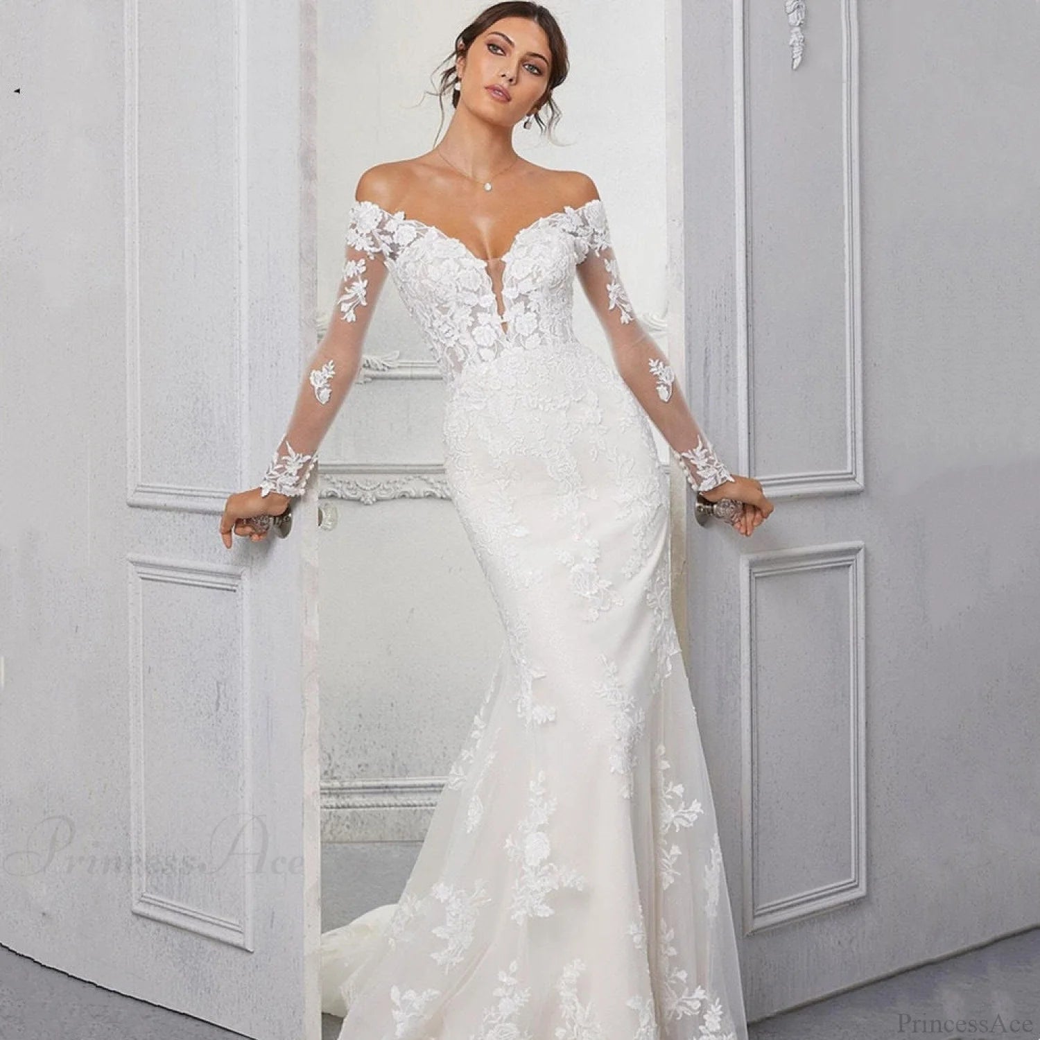 Lace Mermaid Long Train Wedding Dress lvory white / 2 weddingdress-250223