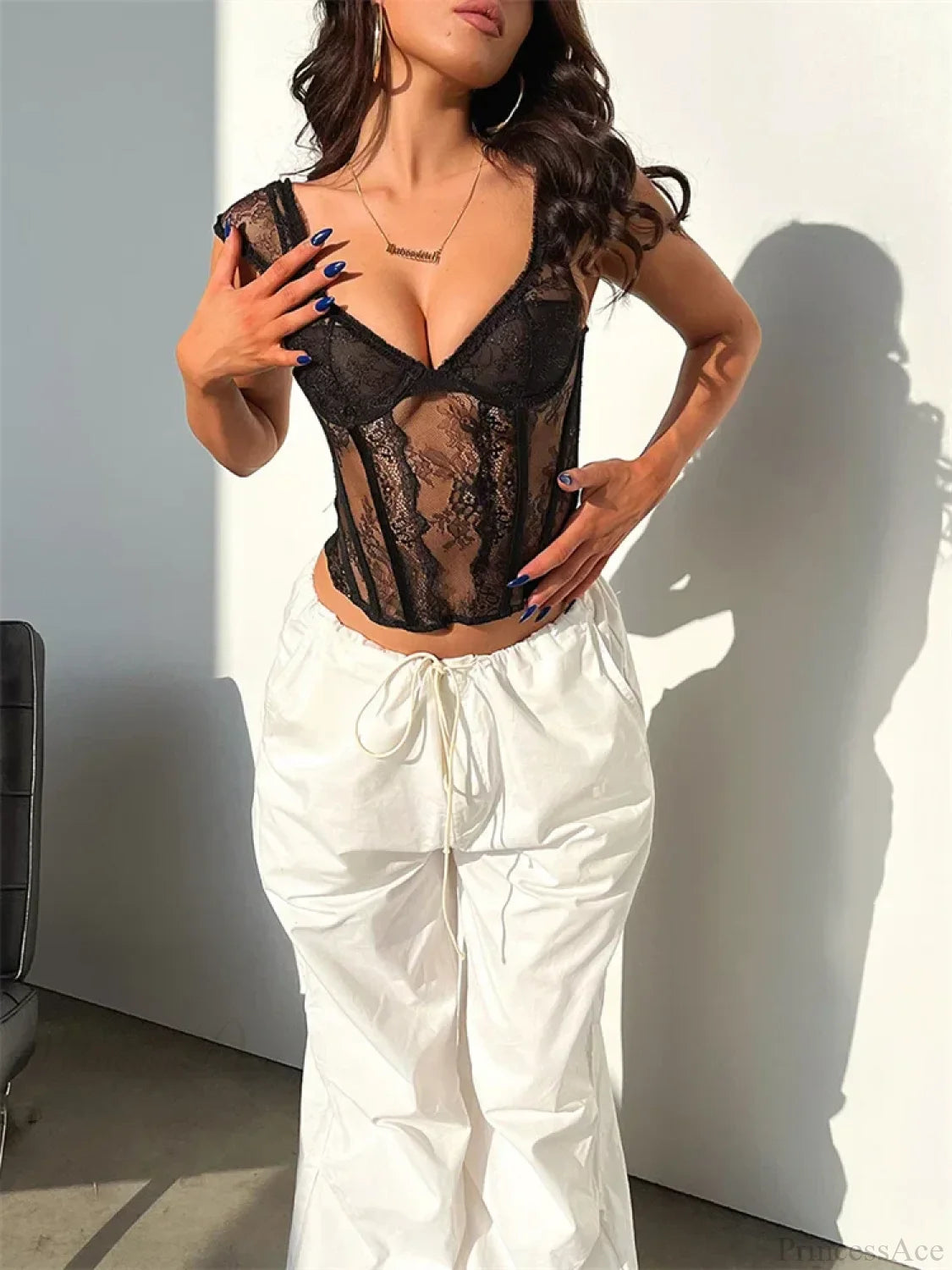 Lace Mesh Sheer Sleeveless V-neck Crop Top croptop-250126