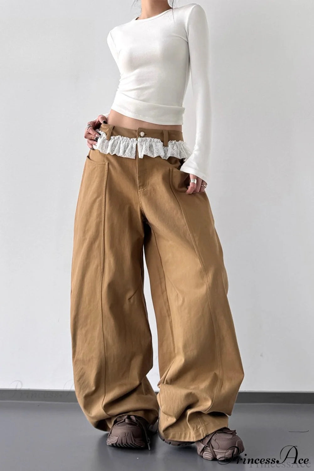 Lace Panel High Waist Wide Leg Jeans Khaki / S