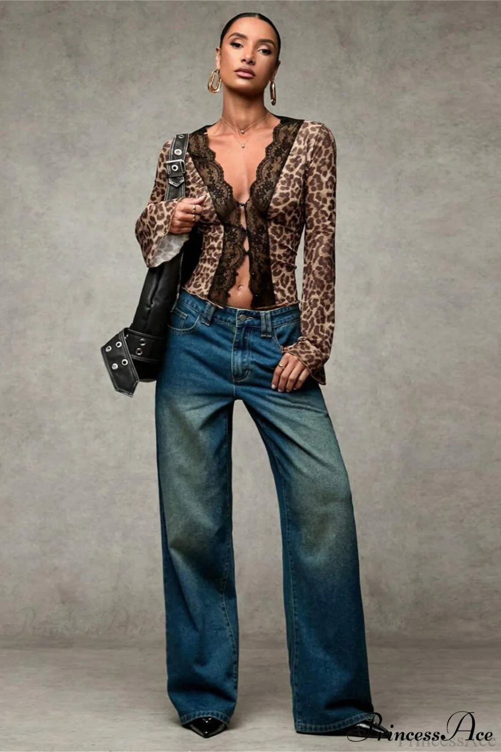 Lace Panel Leopard Slim Flared Sleeve Long Sleeve Tee