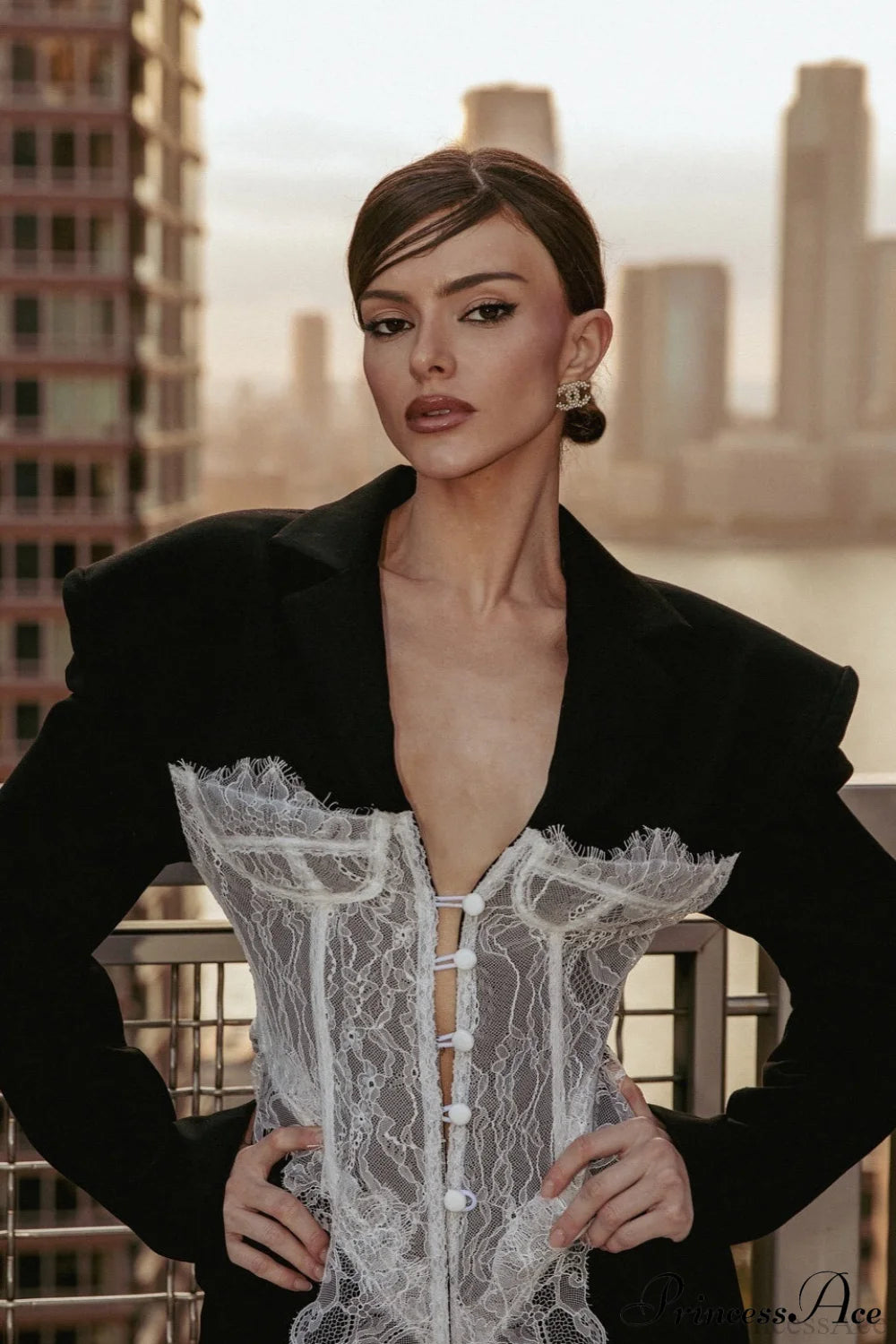 Lace Panel Sexy Fitted Shoulder Blazer