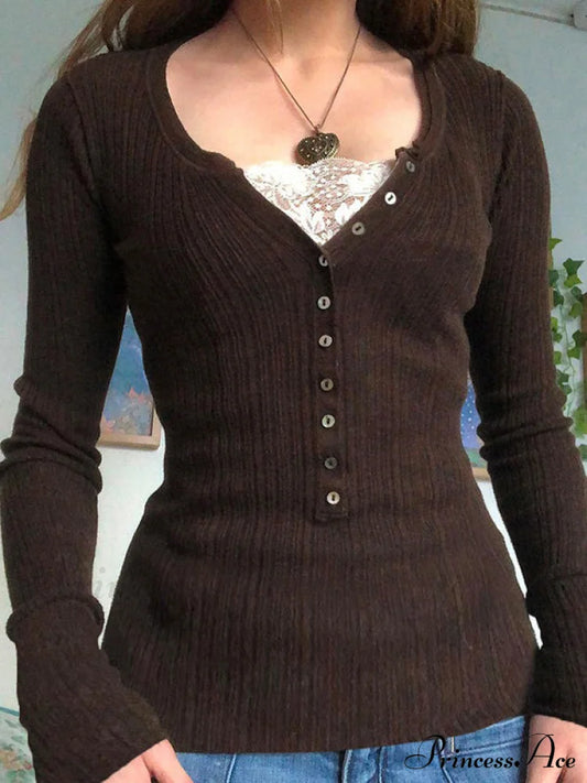 Lace Paneled Graceful Brown Tank Top Knits