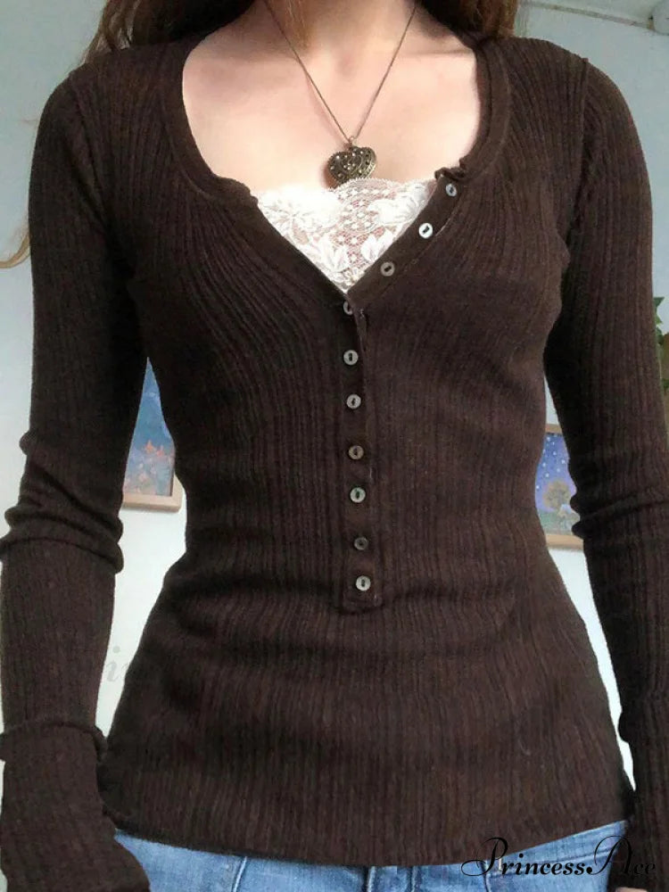 Lace Paneled Graceful Brown Tank Top / S Knits