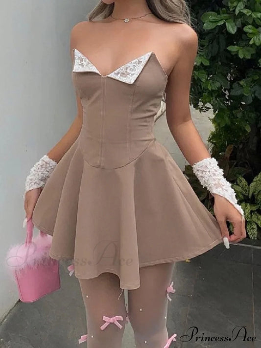 Lace Paneled Split Trendy Satin Crop Cami Top Camel / S Mini Dresses