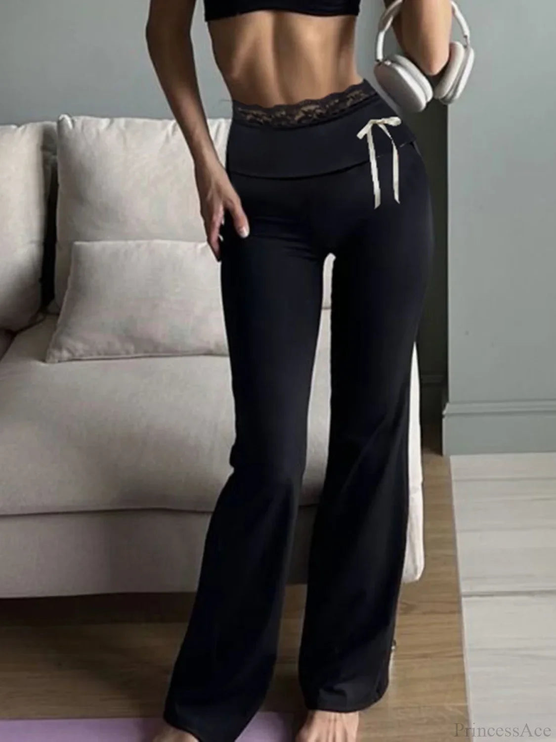 Lace Patchwork Bow Straight Y2K Fashion Pant Black / S pant-250223