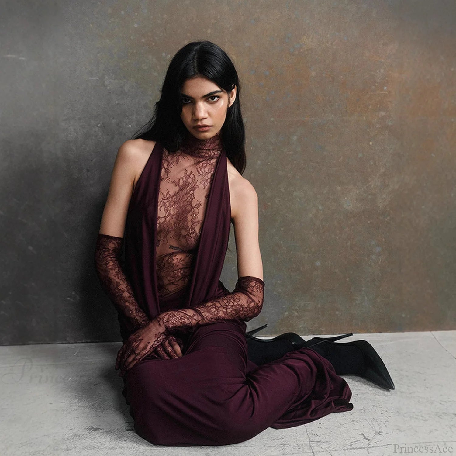 Lace Patchwork Deep V Ruched Prom Dress promdress-250223