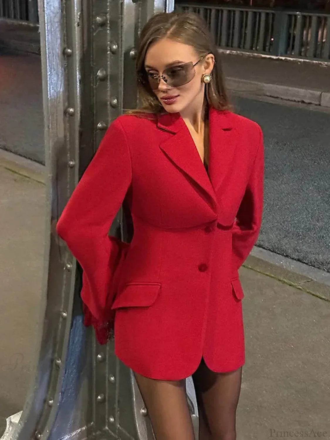 Lace Patchwork Flare Sleeve Coat Red / S