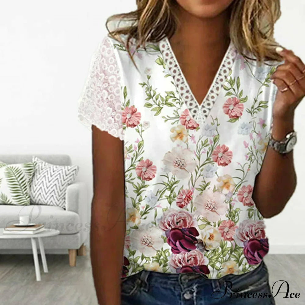 Floral Print Lace Patchwork T-Shirt Pink best Best Sellings clothes Plus Size Sale tops Topseller