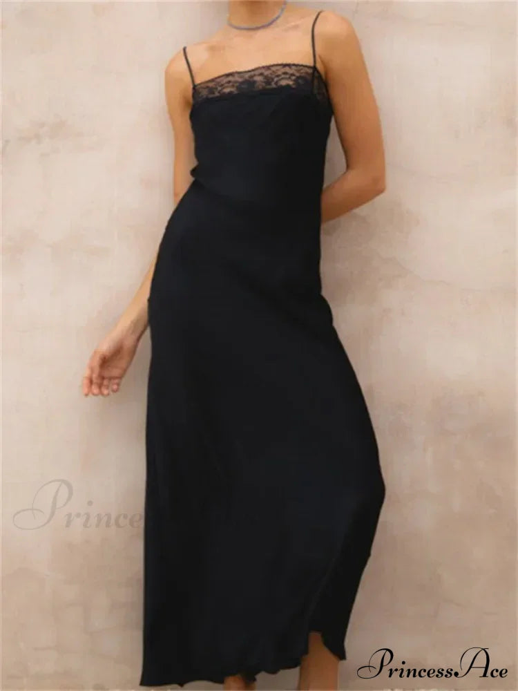 Lace Patchwork For Women Square Neck Sleeveless Strap Black Summer Party Female Vestidos Clubwear /