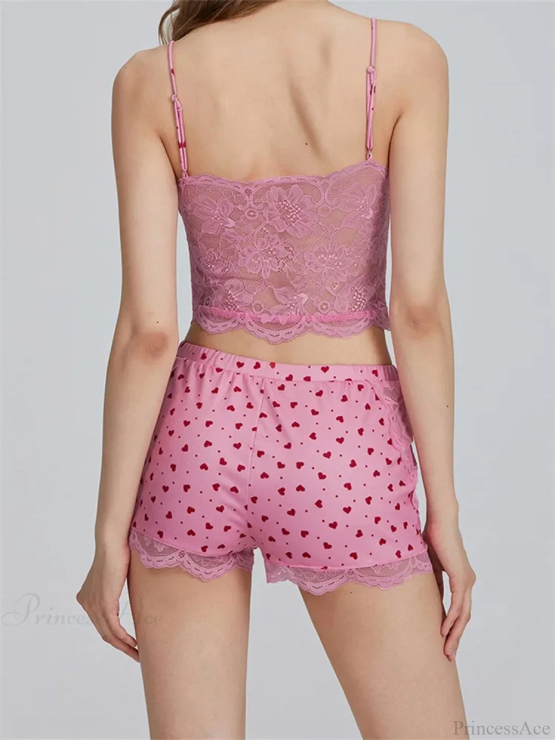 Lace Patchwork Heart Print Camis Crop Top with Casual Shorts Pajama Set twopiecesset-250126