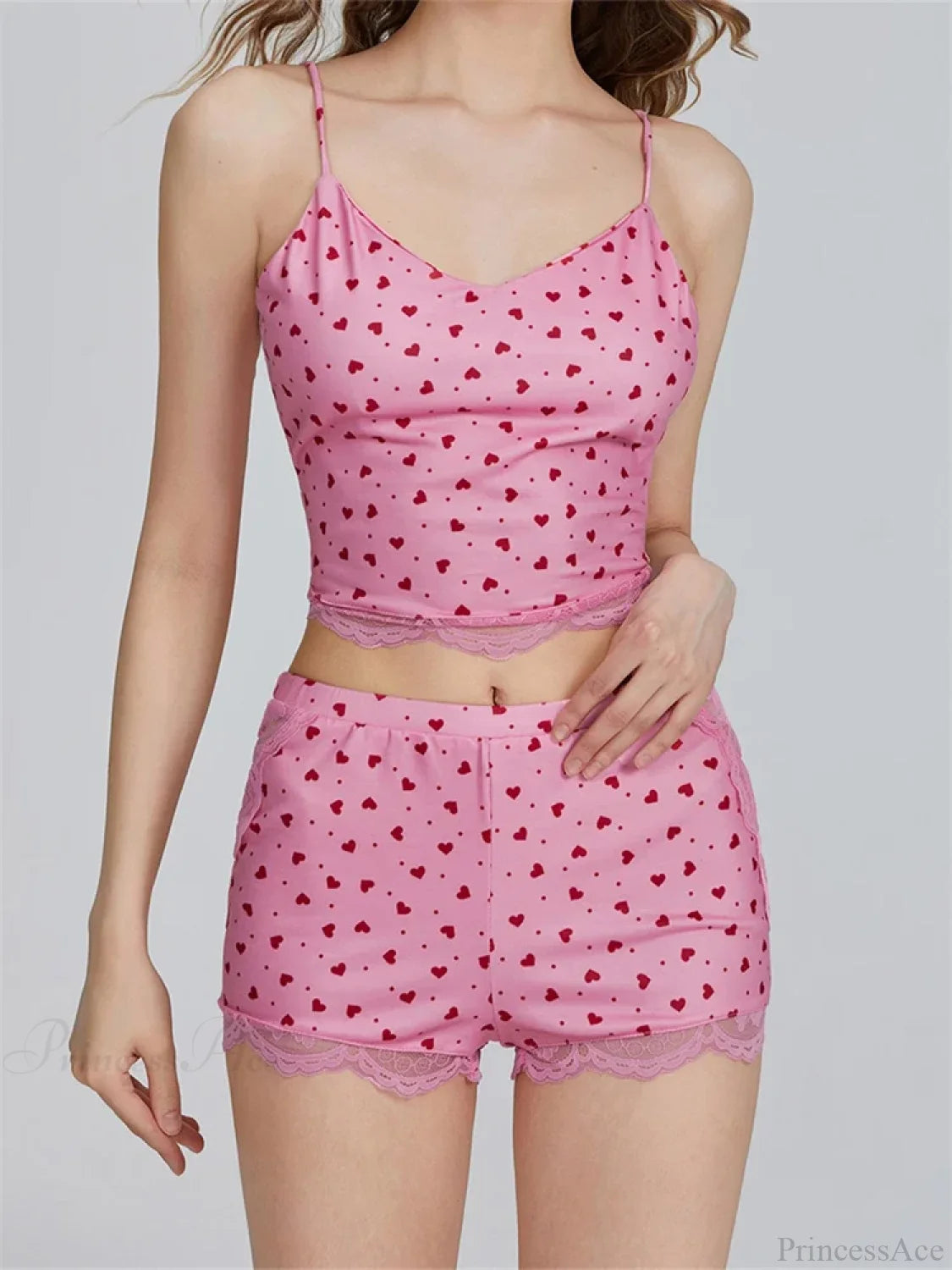 Lace Patchwork Heart Print Camis Crop Top with Casual Shorts Pajama Set twopiecesset-250126