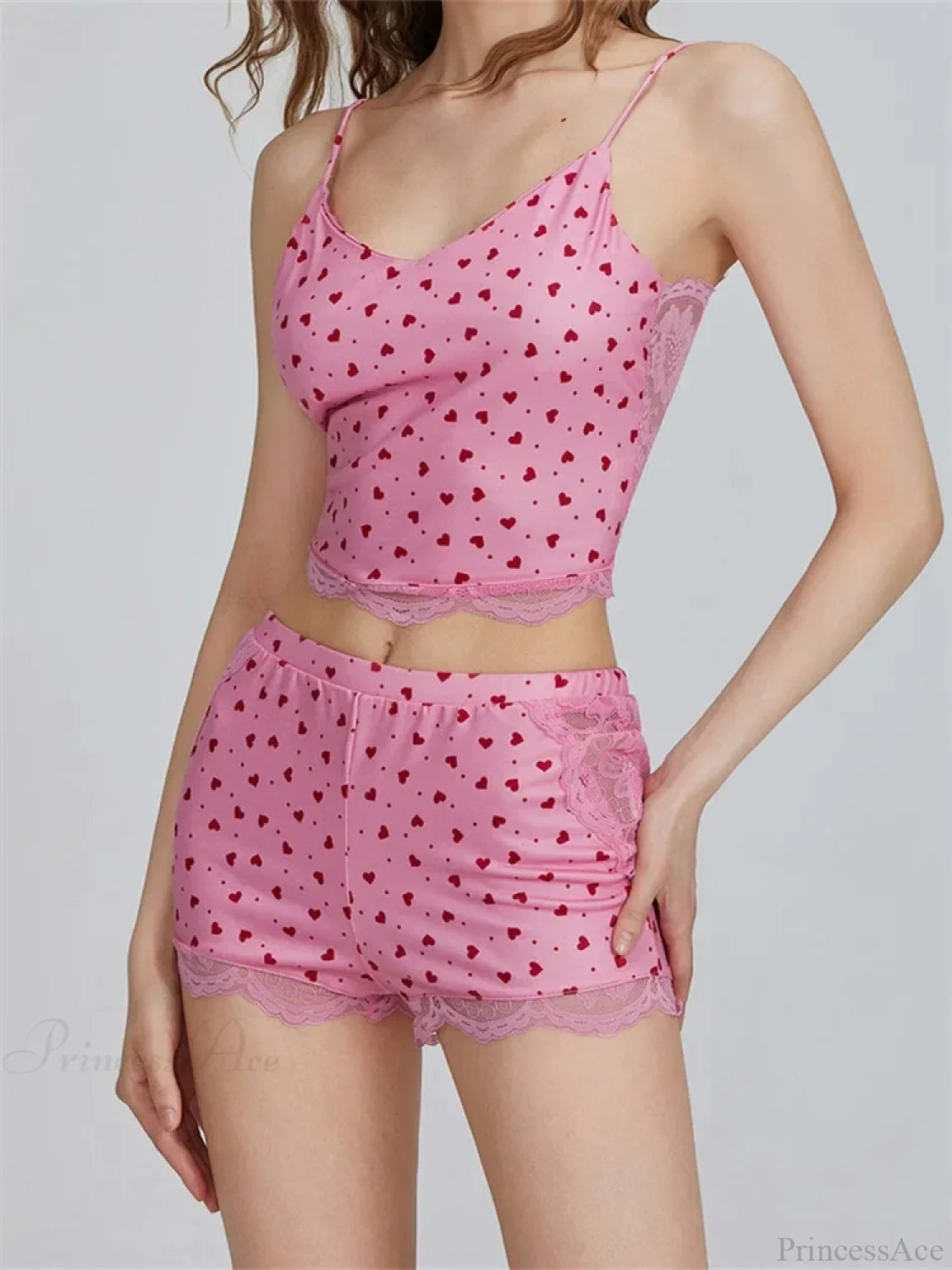 Lace Patchwork Heart Print Camis Crop Top with Casual Shorts Pajama Set twopiecesset-250126