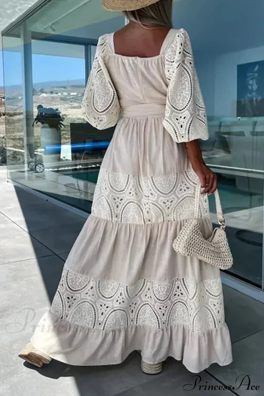 Lace Patchwork Loose Casual Beach Square Neck Boho Dress