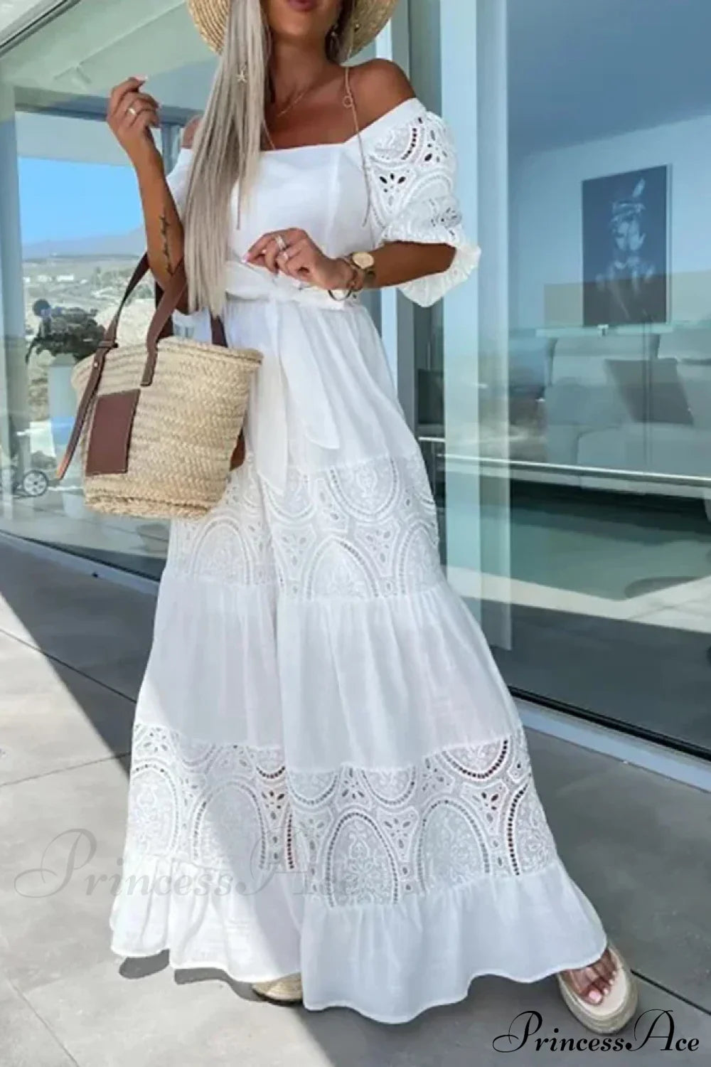 Lace Patchwork Loose Casual Beach Square Neck Boho Dress