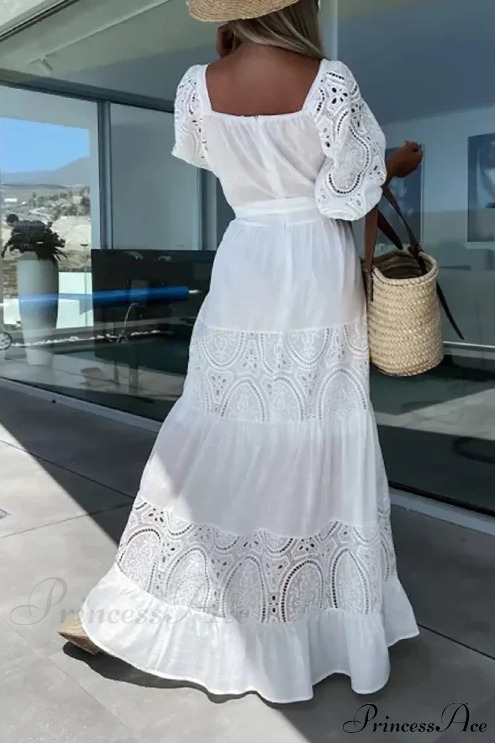 Lace Patchwork Loose Casual Beach Square Neck Boho Dress