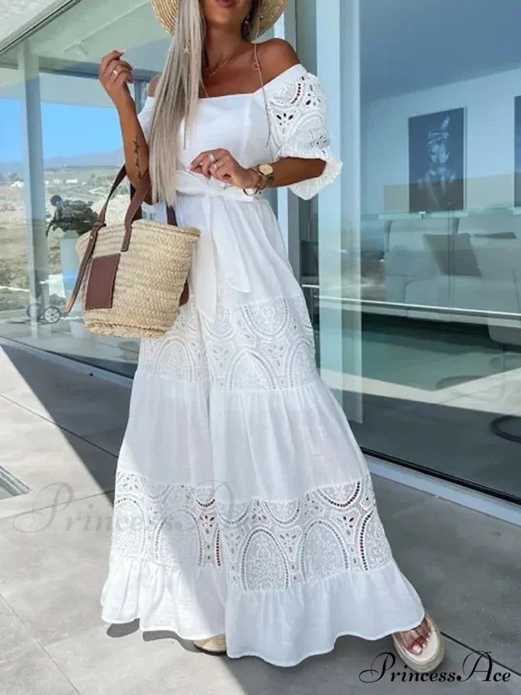 Lace Patchwork Loose Casual Beach Square Neck Boho Dress