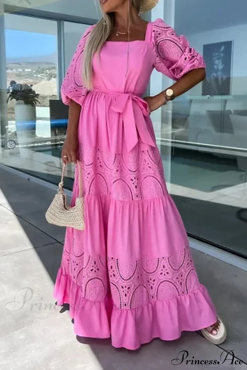 Lace Patchwork Loose Casual Beach Square Neck Boho Dress