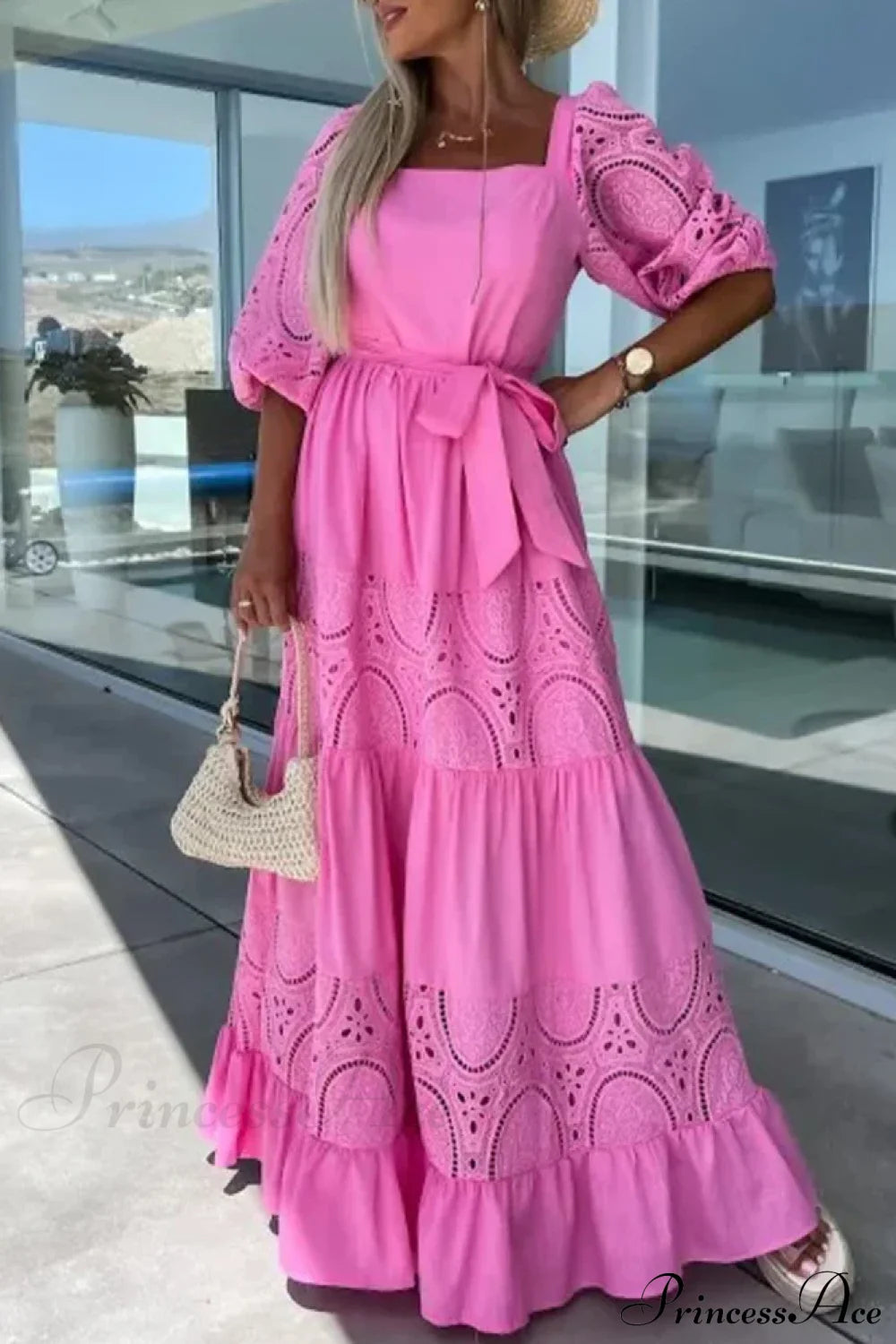 Lace Patchwork Loose Casual Beach Square Neck Boho Dress Pink / S