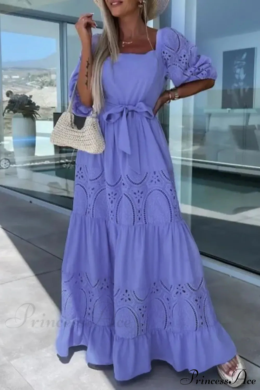 Lace Patchwork Loose Casual Beach Square Neck Boho Dress Purple / S