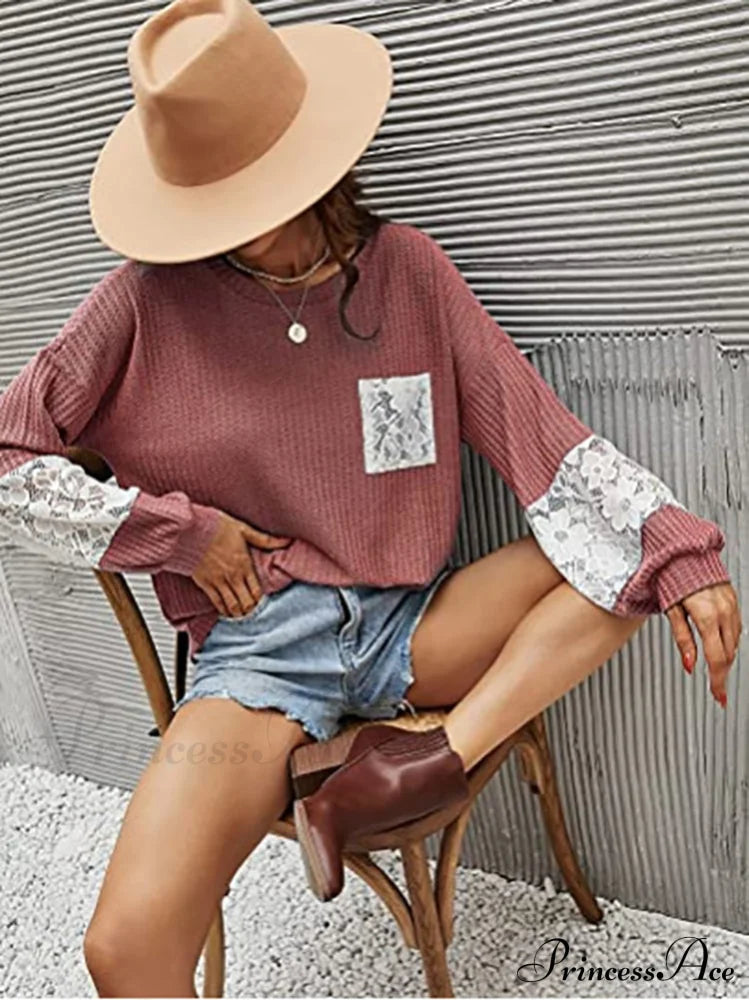 Lace Patchwork Pink Trendy Knit Crop Top Tops