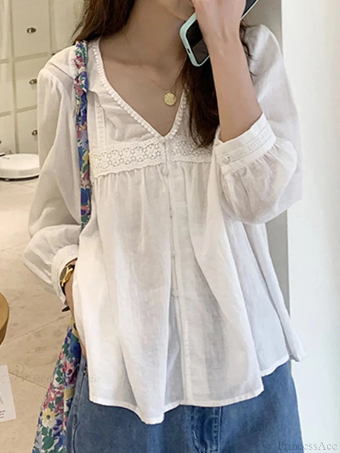 Lace Patchwork V-neck Oversized Blouse WHITE / S blouse-250126