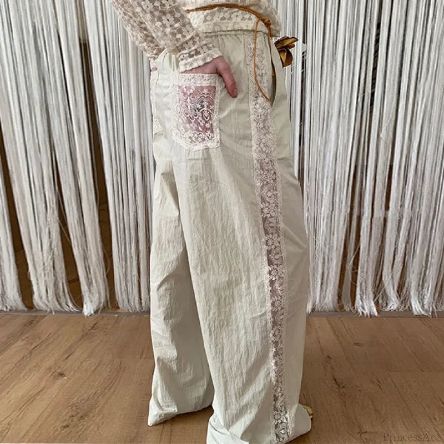 Lace Patchwork White Wide Leg Pants