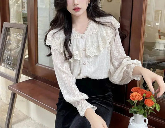 Lace Ruffle Edge Long Sleeve Blouse Sweet Blouse blouse-250126