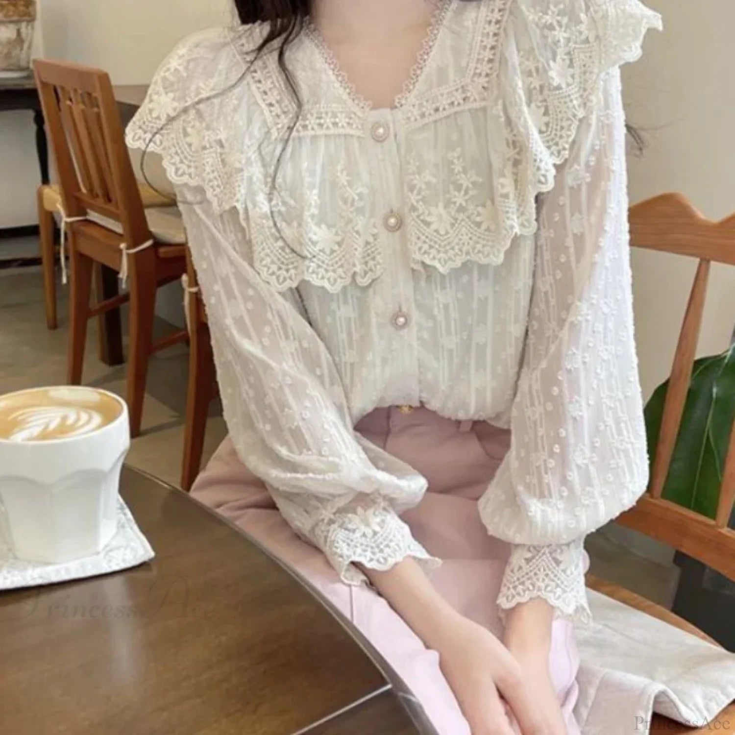 Lace Ruffle Edge Long Sleeve Blouse Sweet Blouse blouse-250126