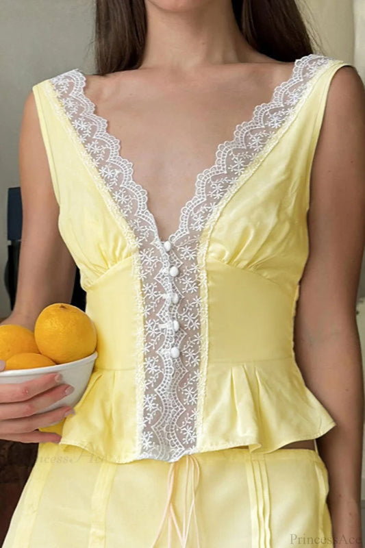 Lace Ruffle Sleeveless Tie Cami Top Yellow / S