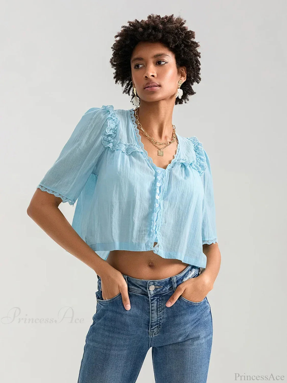 Lace Ruffle V-neck Button Casual Loose Crop Shirt LIGHT BLUE / XS croptop-250126