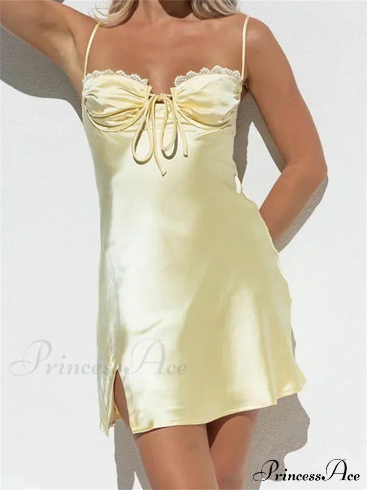 Lace Satin Sleeveless Spaghetti Strap Front Tie Up Mini Dress