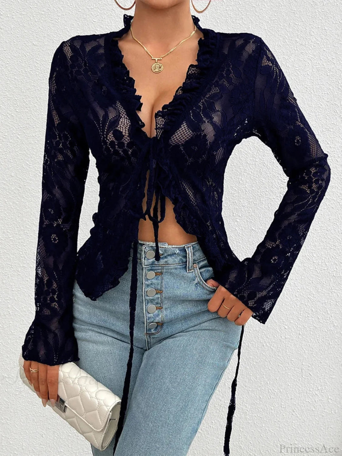 Lace See-Through Sexy Long Sleeve Blouse Navy Blue / XS blouse-250126