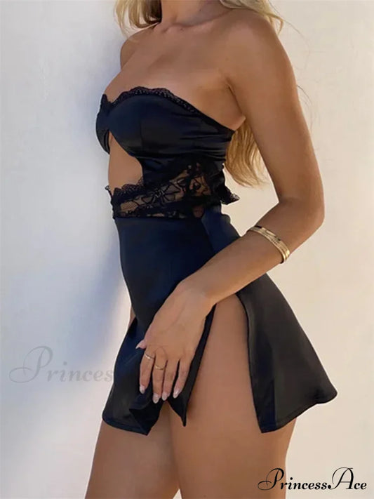 Lace Sexy Spaghetti Strap See Through Backless Mini Dress