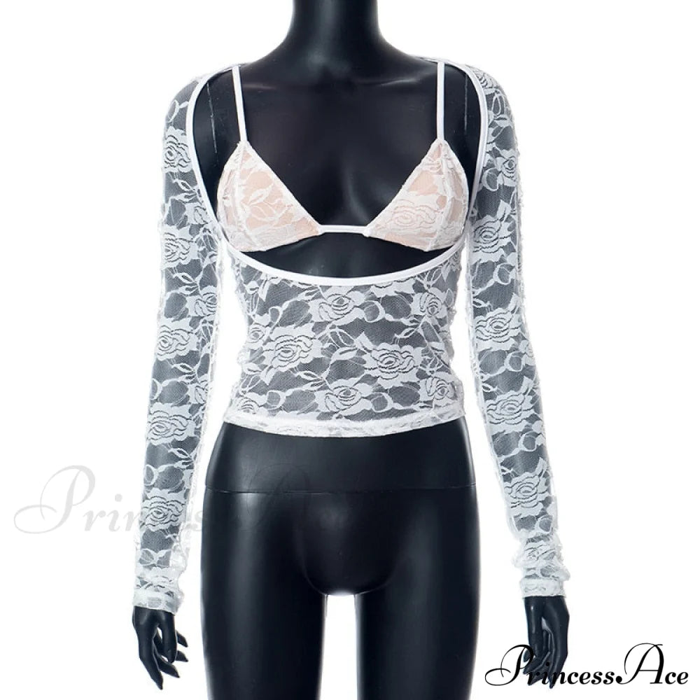 Lace Sheer Long Sleeve Graceful Cut Out Bralette Top
