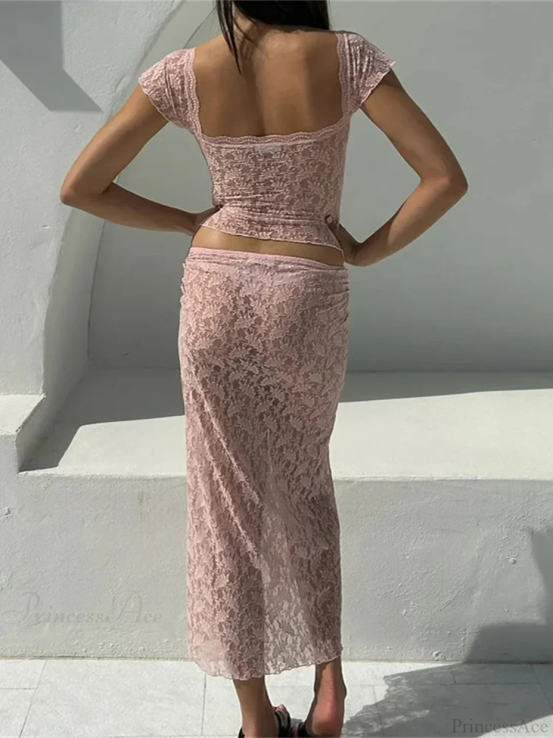 Lace Short Sleeve V-neck T-shirt and Long Skirt Set skirt-250126